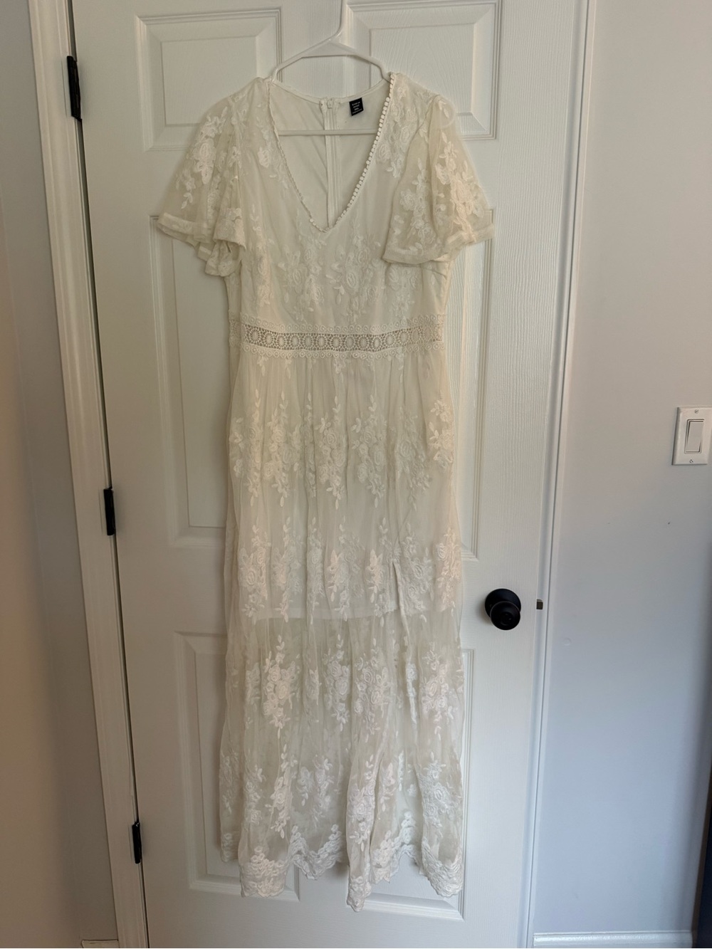 Ivory Lace Maxi Dress with Flutter Sleeves